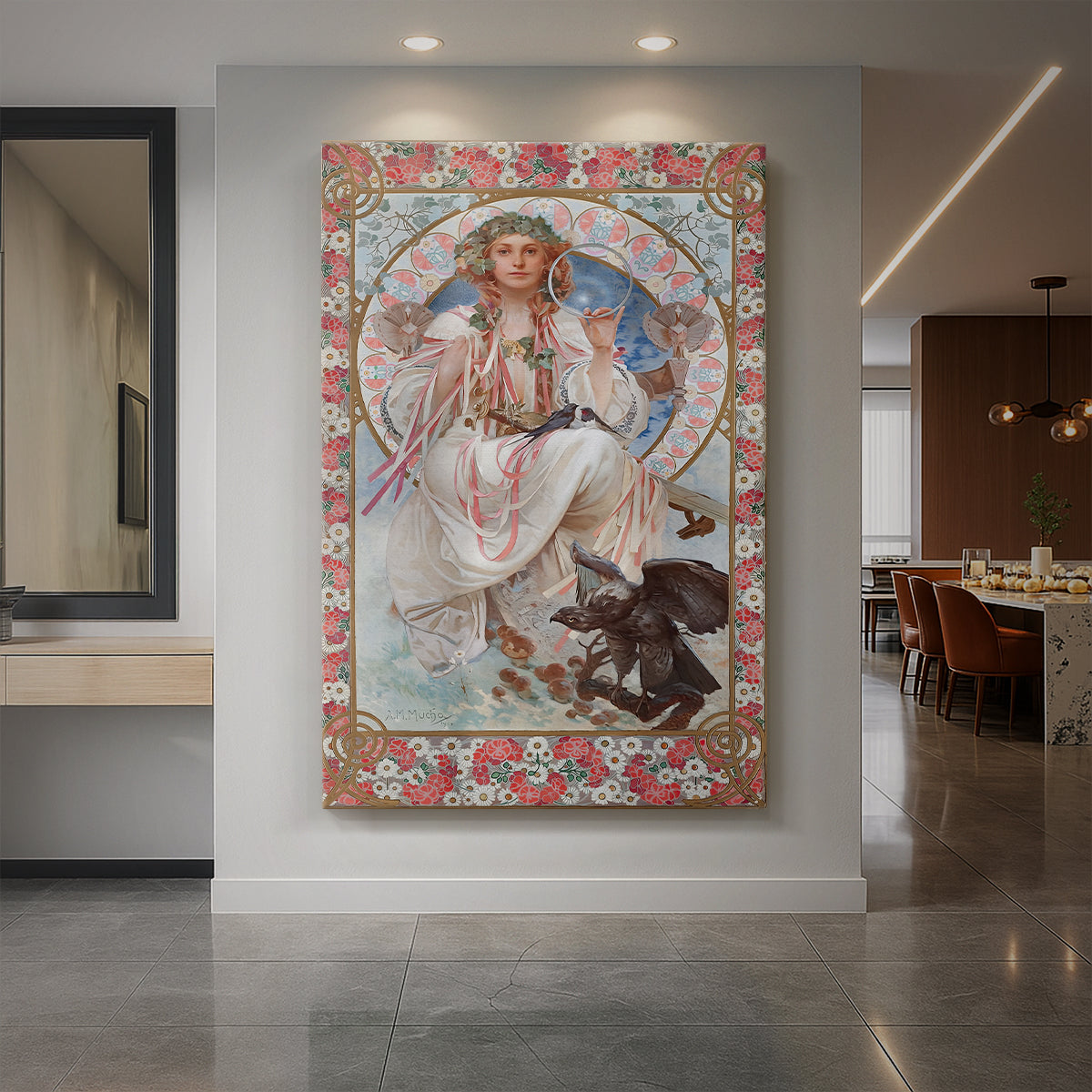 Canvas art print of an Art Nouveau portrait of a woman as Slavia with ornate symbolic details displayed as a statement piece in a spacious interior.