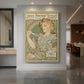 Canvas art print of an Art Nouveau poster of a woman with ornate details and decorative typography displayed as a statement piece in a spacious interior.