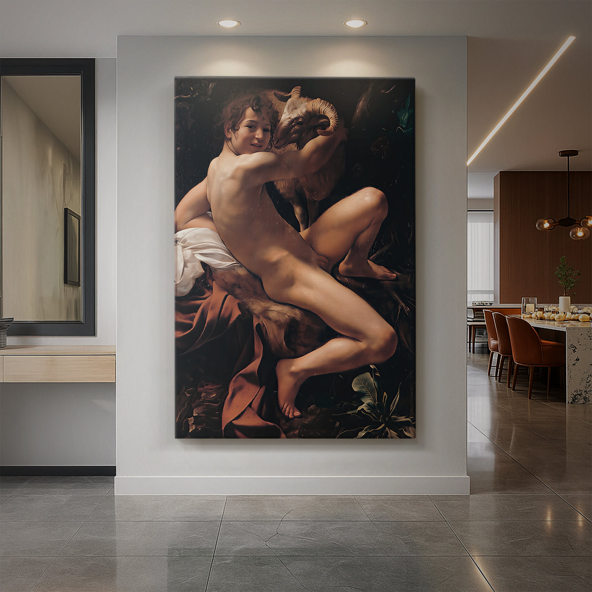 Canvas art print of a Baroque scene of Saint John the Baptist with a ram in dramatic shadow displayed as a statement piece in a spacious interior.