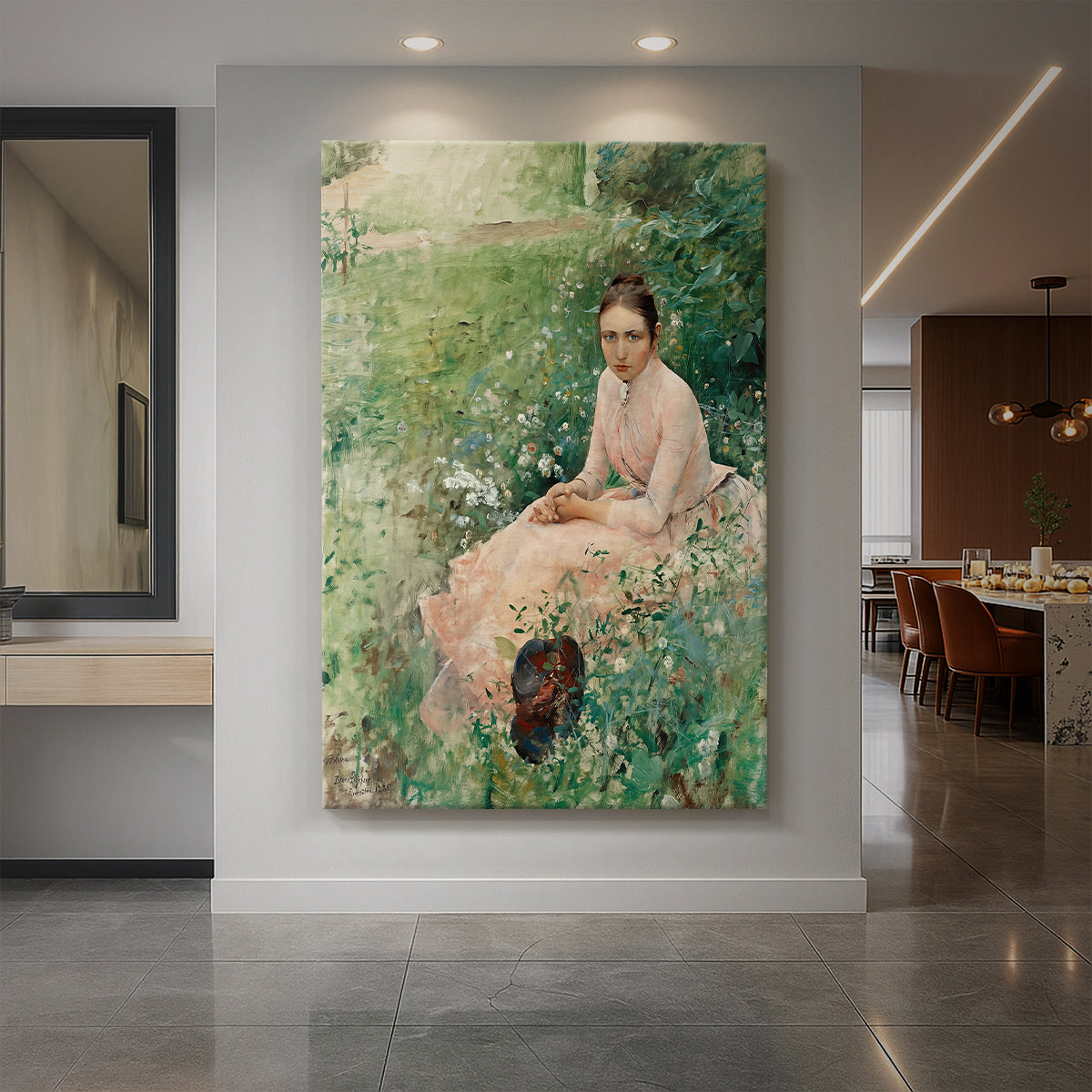 Canvas art print of an impressionist portrait of a woman seated outdoors in a natural setting displayed as a statement piece in a spacious interior.
