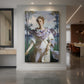 Canvas art print of an impressionist scene of a woman in a flowing dress in a sunlit setting displayed as a statement piece in a spacious interior.