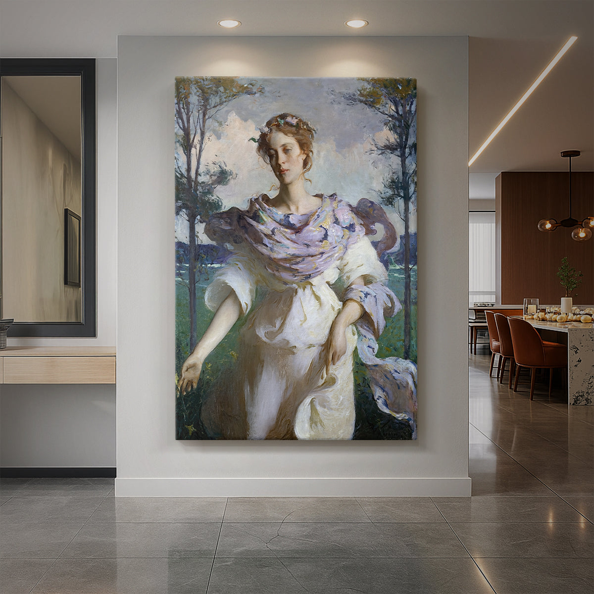 Canvas art print of an impressionist scene of a woman in a flowing dress in a sunlit setting displayed as a statement piece in a spacious interior.