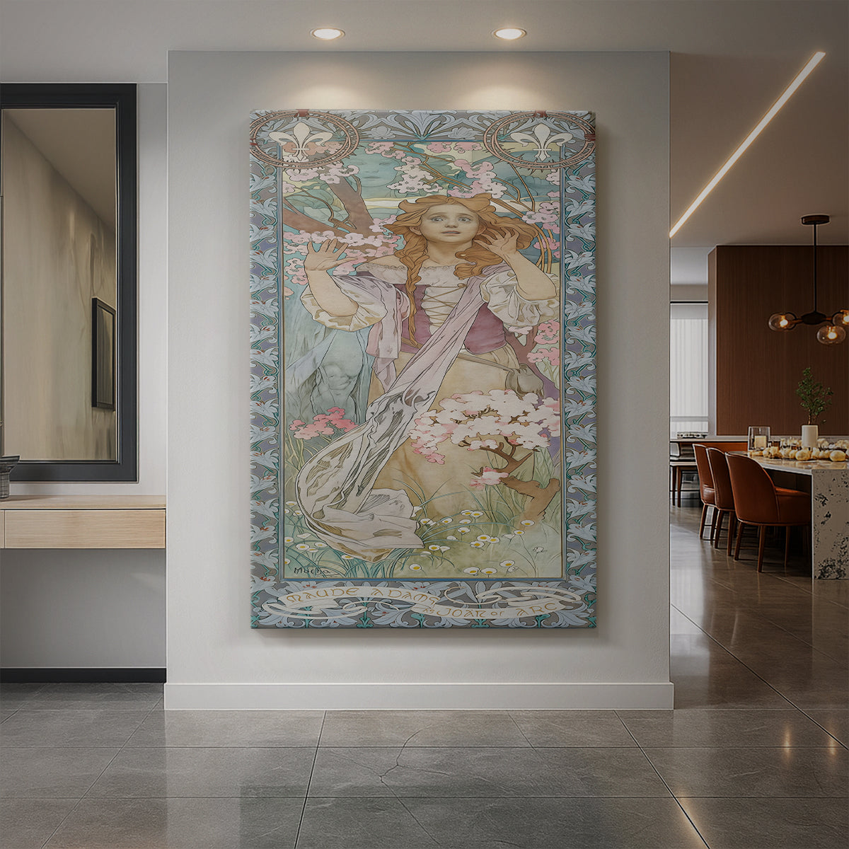Canvas art print of an Art Nouveau portrait of a woman in armor as Joan of Arc with ornate details displayed as a statement piece in a spacious interior.