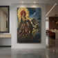 Canvas art print of a symbolic scene of a chariot rising with figures in a radiant sky displayed as a statement piece in a spacious interior.