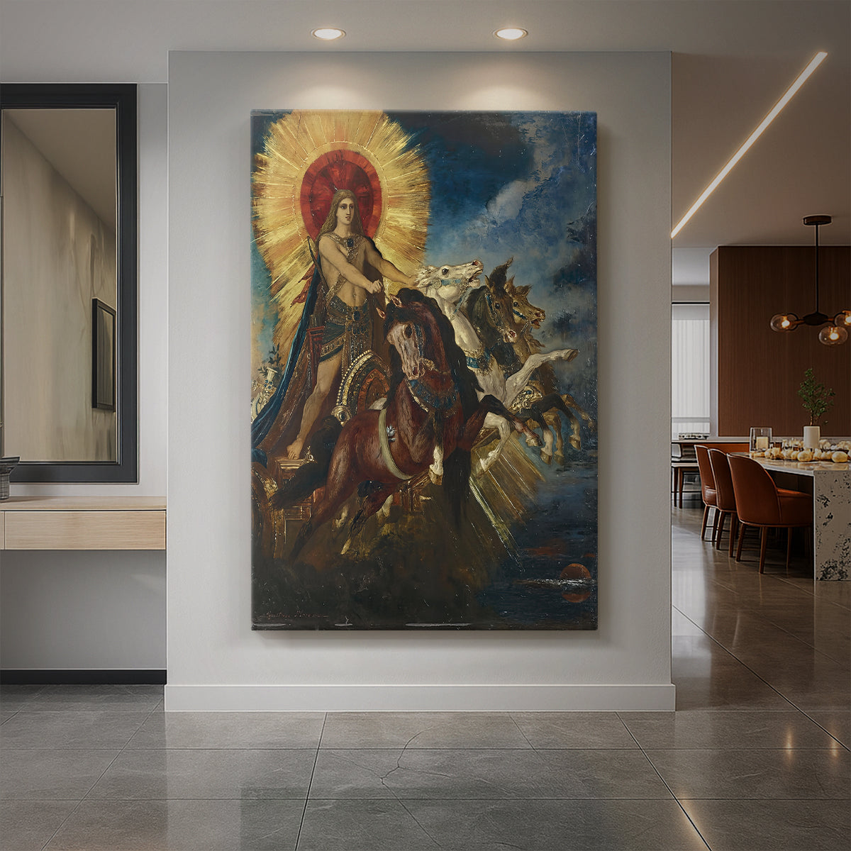Canvas art print of a symbolic scene of a chariot rising with figures in a radiant sky displayed as a statement piece in a spacious interior.