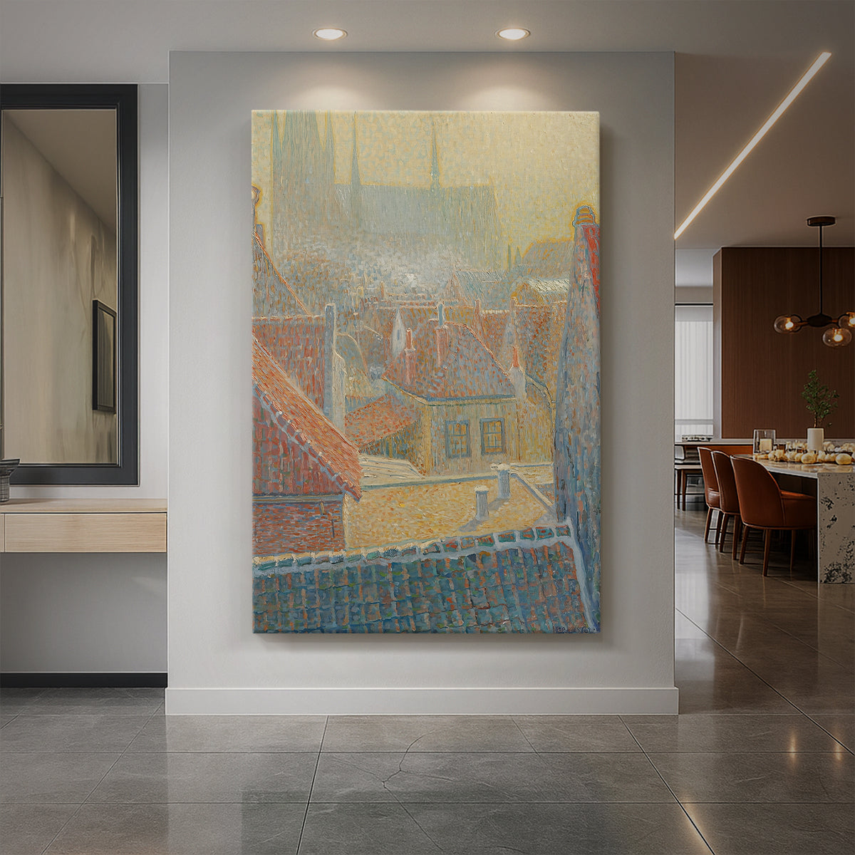 Canvas art print of a pointillist cityscape of a church with dotted color and soft light displayed as a statement piece in a spacious interior.