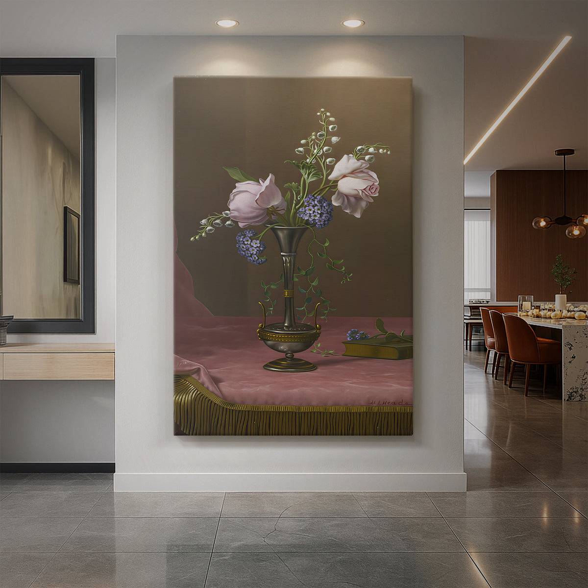 Canvas art print of a still life of mixed flowers in a decorative vase with soft light displayed as a statement piece in a spacious interior.