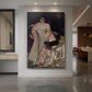 Canvas art print of an impressionist portrait of a seated woman in ornate dress with soft lighting displayed as a statement piece in a spacious interior.