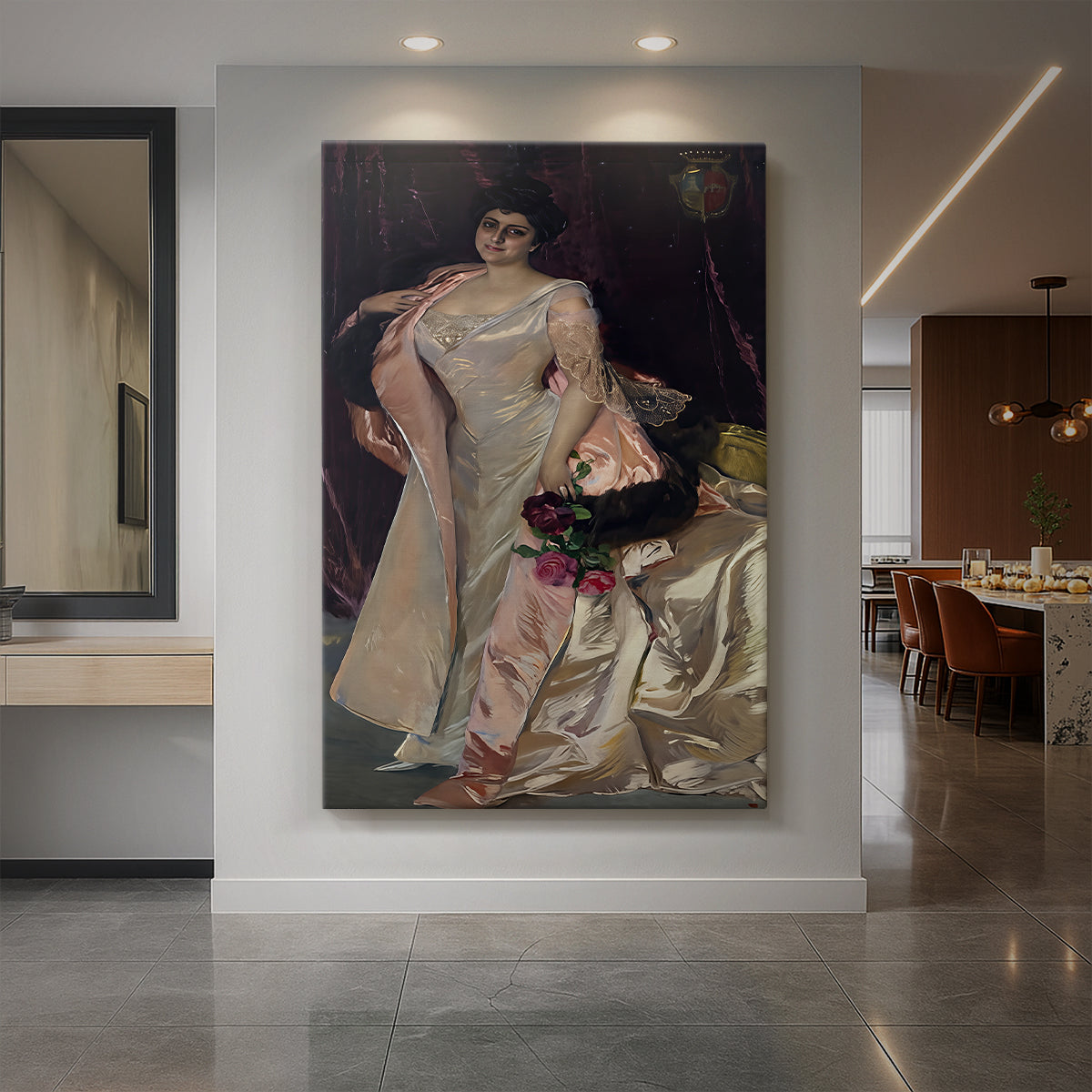 Canvas art print of an impressionist portrait of a seated woman in ornate dress with soft lighting displayed as a statement piece in a spacious interior.
