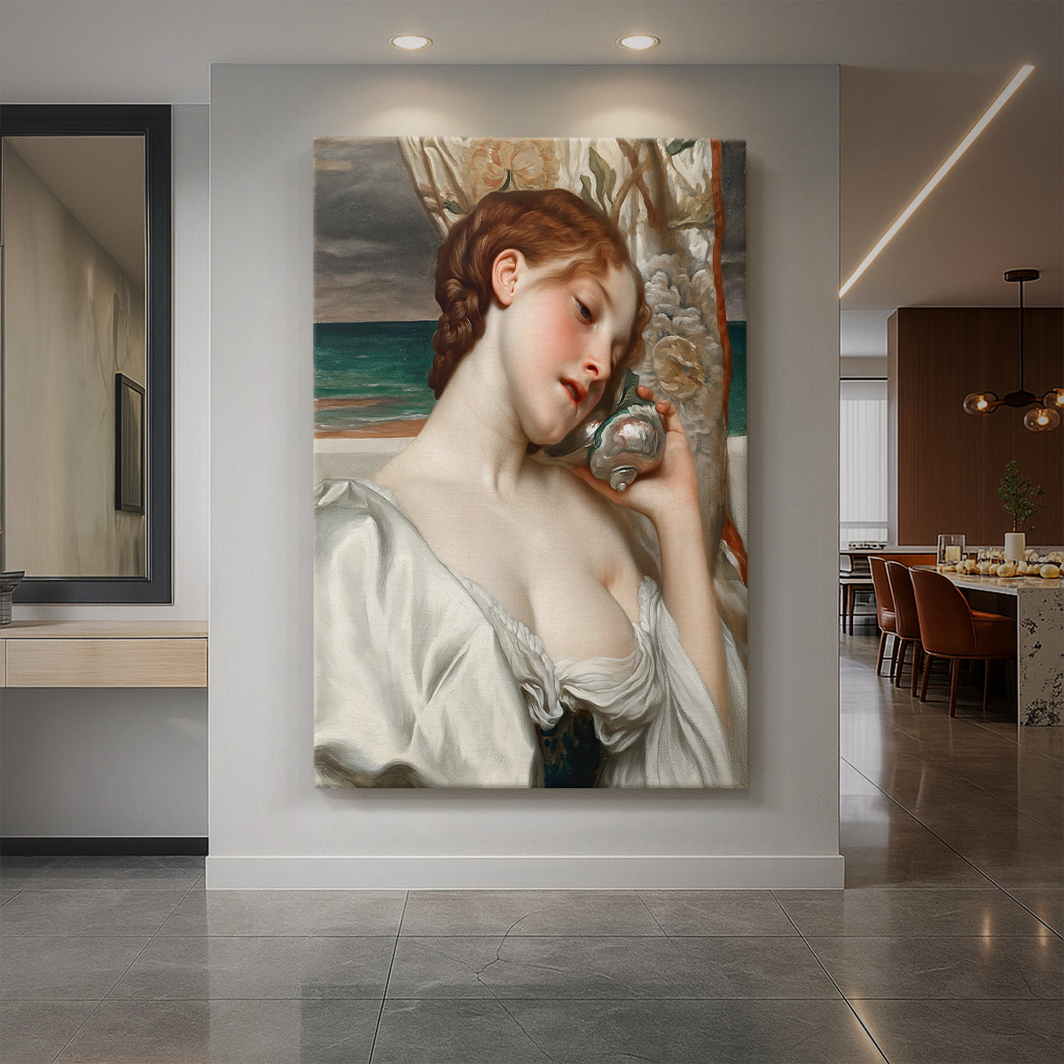 Canvas art print of a classical portrait of a woman listening near the sea with flowing drapery displayed as a statement piece in a spacious interior.