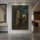 Canvas art print of a symbolic scene of a woman holding a severed head in a dramatic interior displayed as a statement piece in a spacious interior.