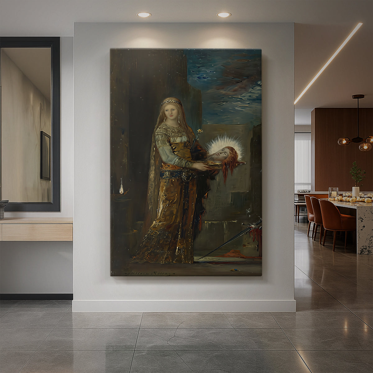 Canvas art print of a symbolic scene of a woman holding a severed head in a dramatic interior displayed as a statement piece in a spacious interior.