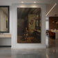 Canvas art print of a realistic interior scene of a woman spinning thread in soft light displayed as a statement piece in a spacious interior.