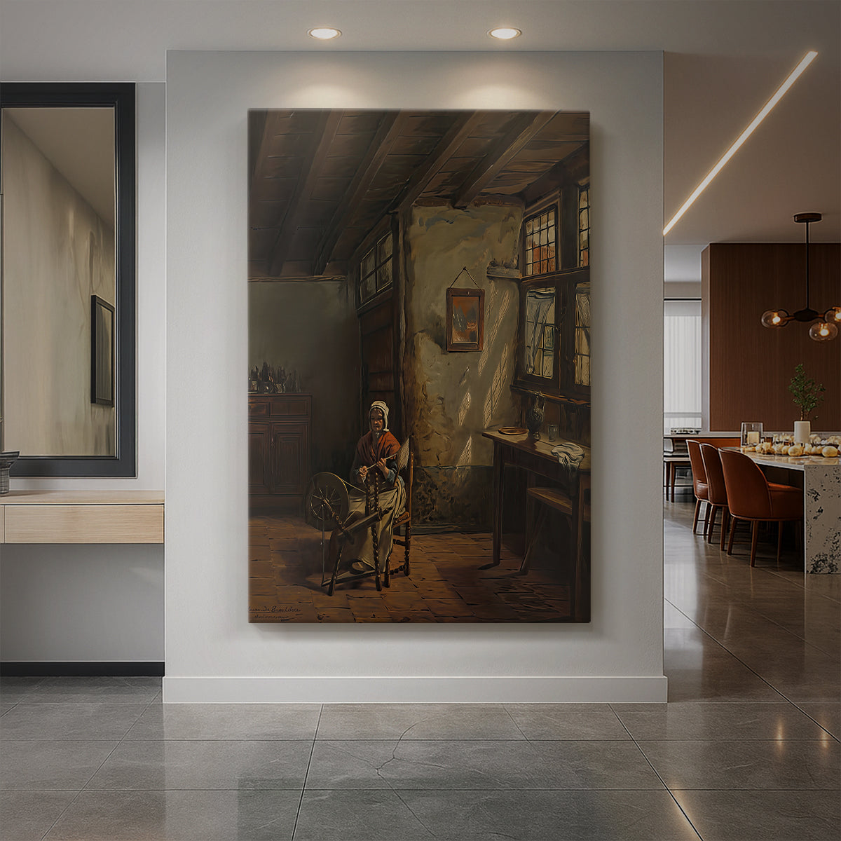 Canvas art print of a realistic interior scene of a woman spinning thread in soft light displayed as a statement piece in a spacious interior.