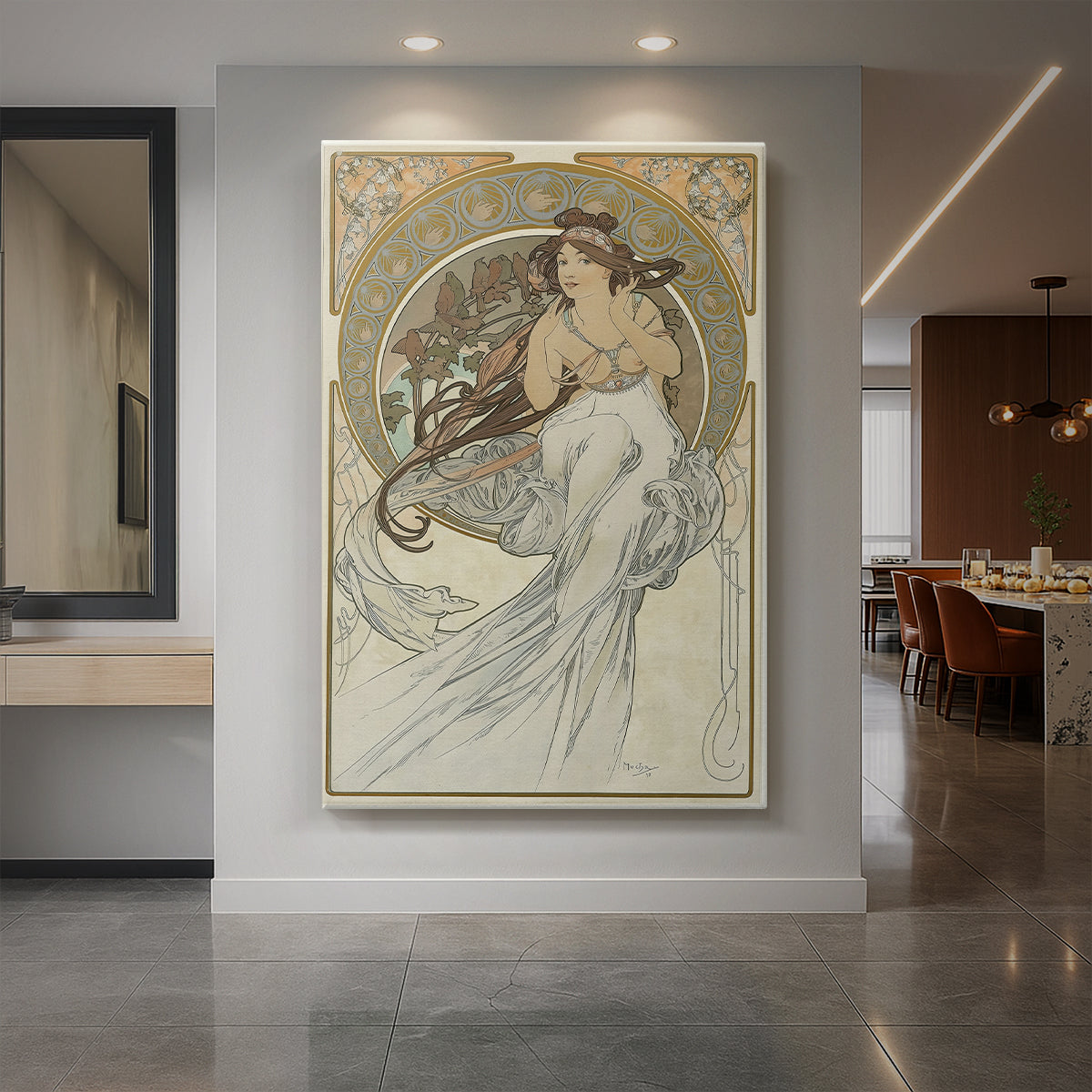 Canvas art print of an Art Nouveau illustration of a woman representing music with ornate details displayed as a statement piece in a spacious interior.