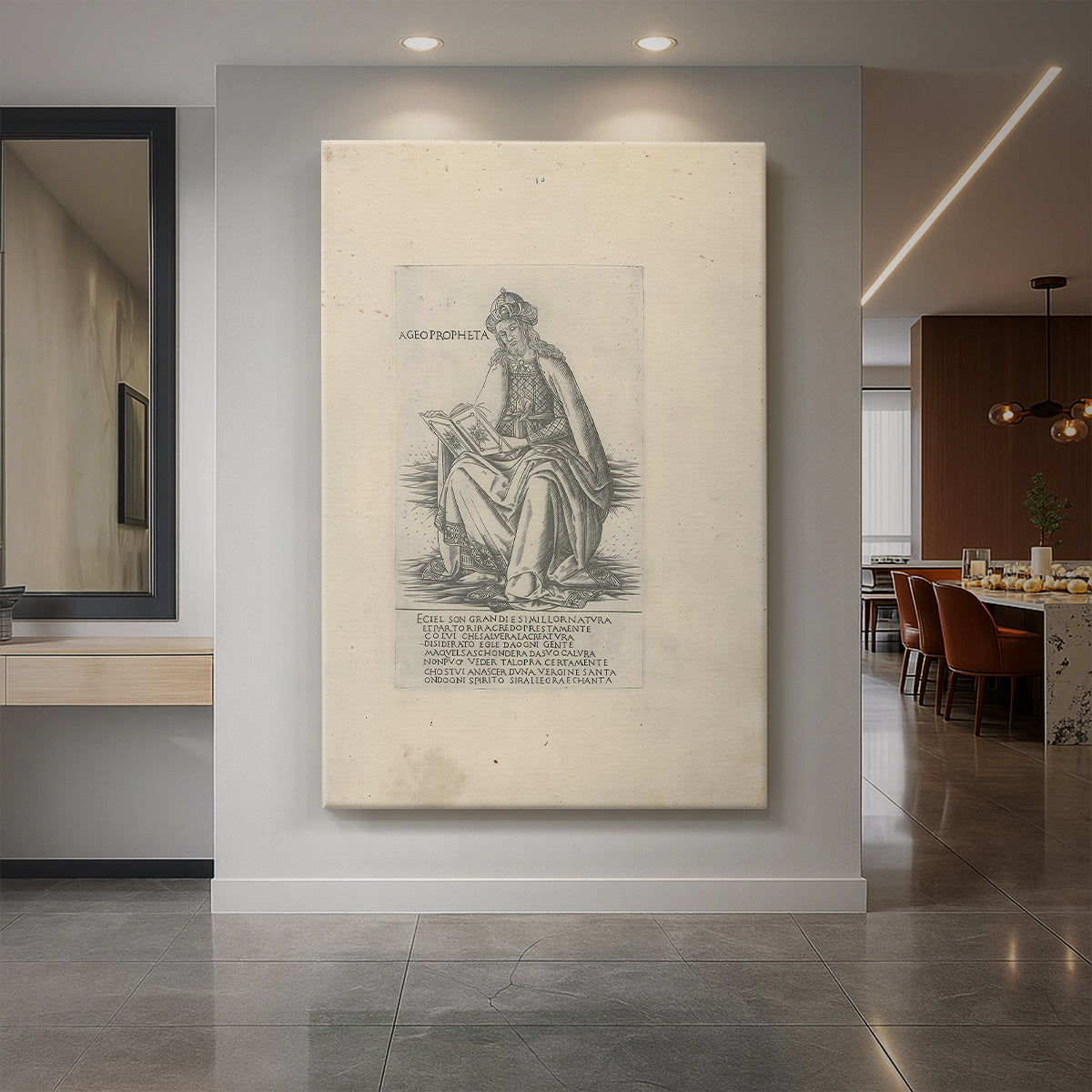 Canvas art print of a monochrome engraving of a standing prophet with fine line detail and text displayed as a statement piece in a spacious interior.