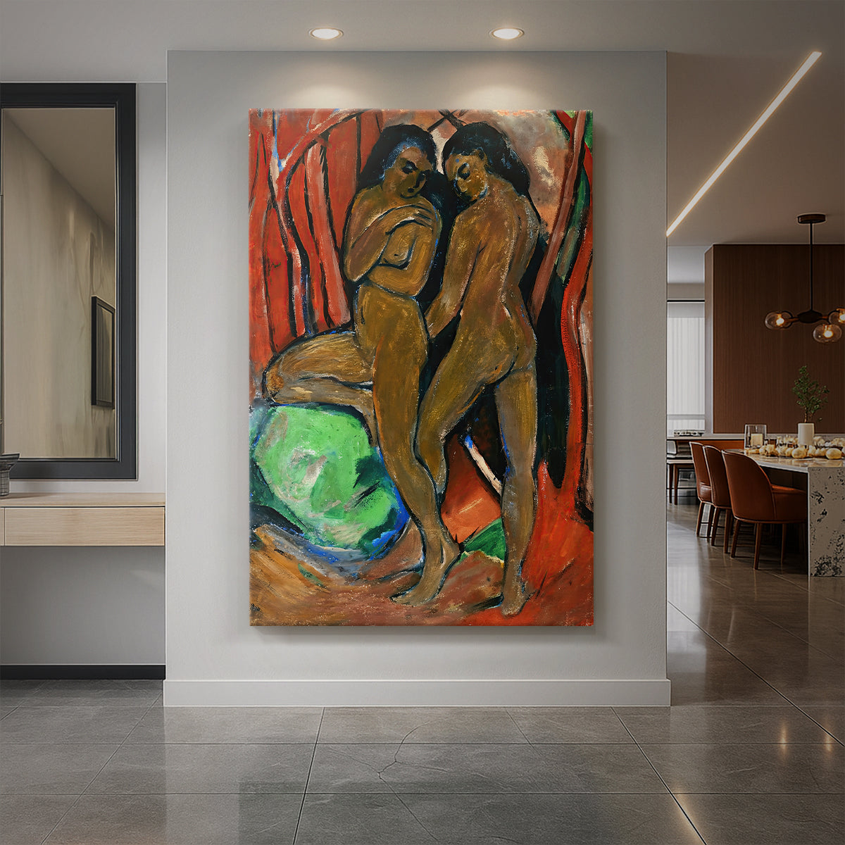 Canvas art print of an expressionist scene of two figures with stylized forms and vivid color displayed as a statement piece in a spacious interior.
