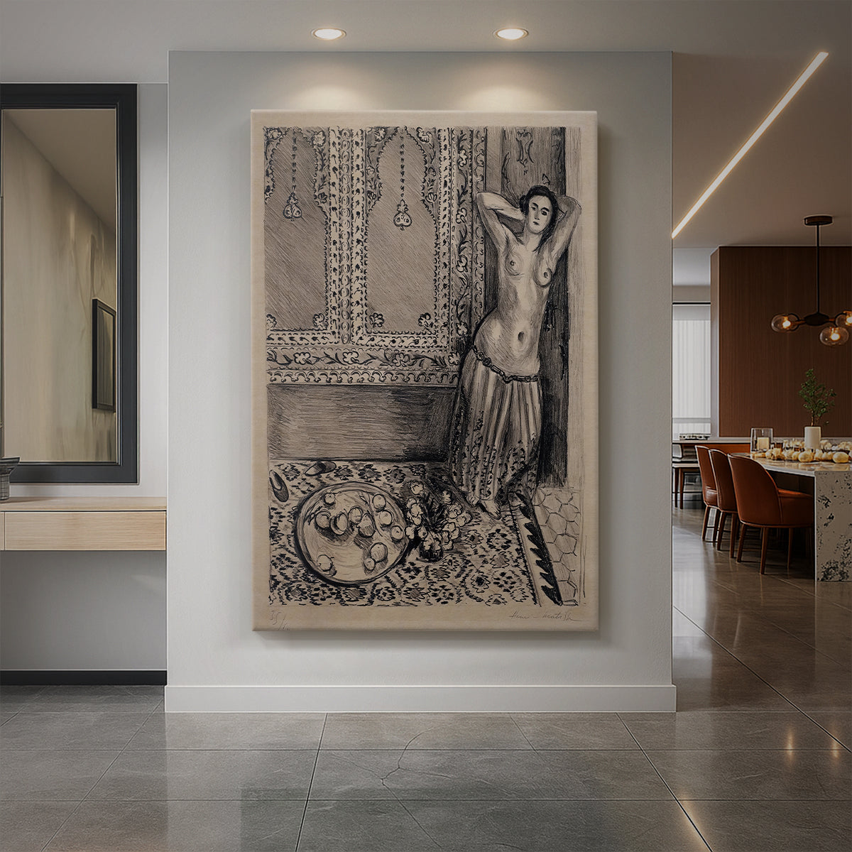Canvas art print of a monochrome lithograph of a lady with a fruit tray at her feet on an ornate backdrop displayed as a statement piece in a spacious interior.