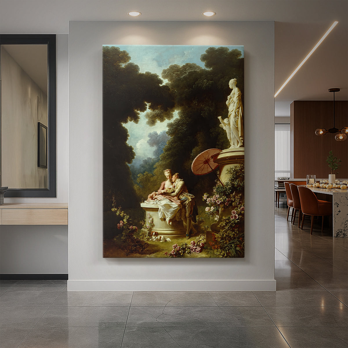 Canvas art print of a Rococo garden scene of a young couple reading a letter together displayed as a statement piece in a spacious interior.