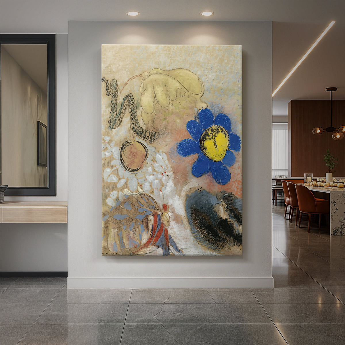 Canvas art print of a symbolic composition of floating floral forms in a soft, dreamlike setting displayed as a statement piece in a spacious interior.