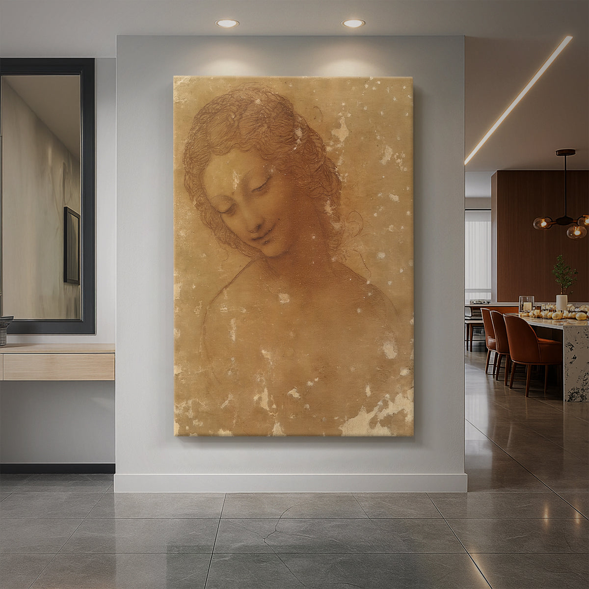 Canvas art print of a Renaissance drawing of a woman's head with flowing hair and soft tones displayed as a statement piece in a spacious interior.