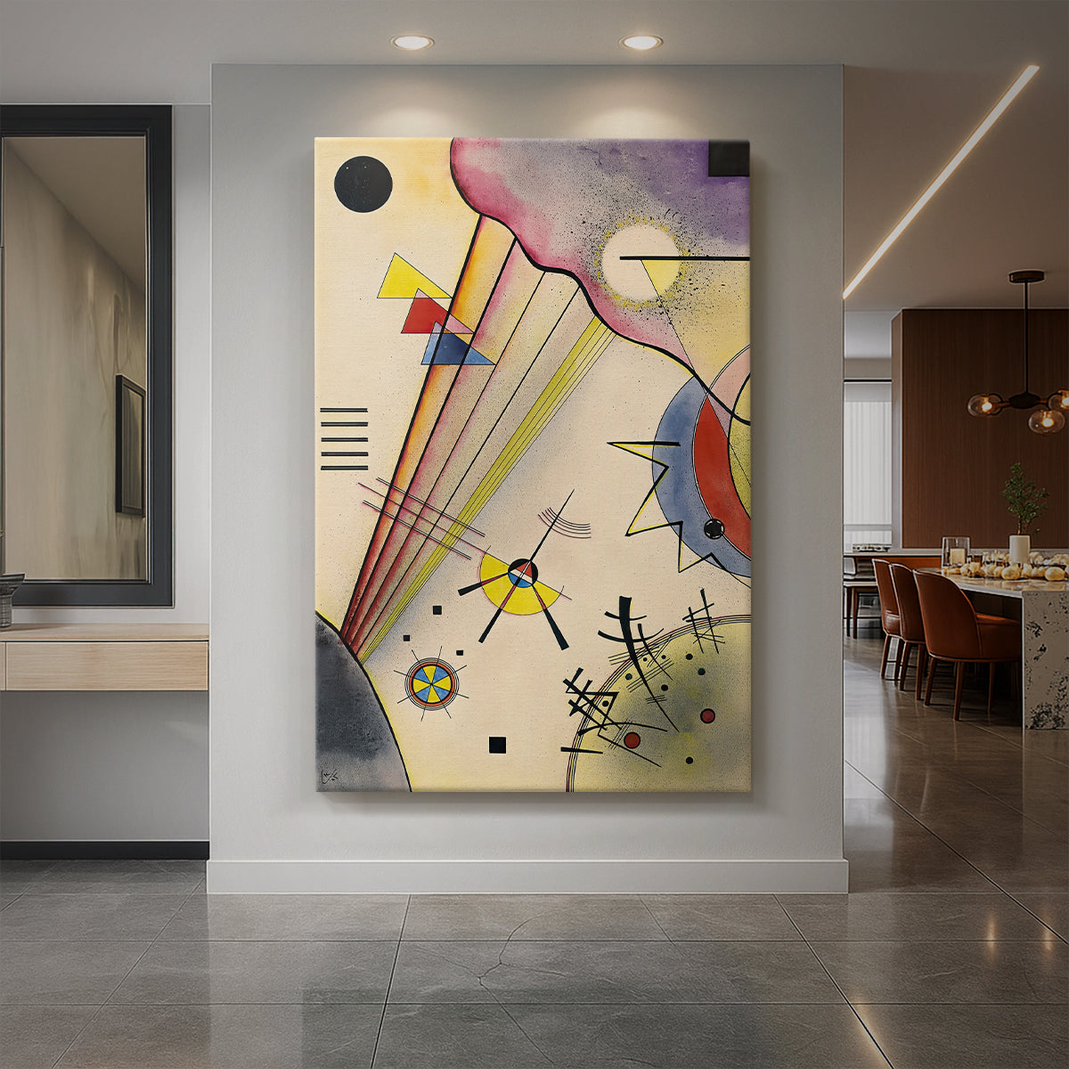 Canvas art print of an abstract composition of geometric shapes with balanced color and structure displayed as a statement piece in a spacious interior.