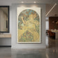 Canvas art print of an Art Nouveau poster of a woman with ornate details and phonofilm advertisement text displayed as a statement piece in a spacious interior.