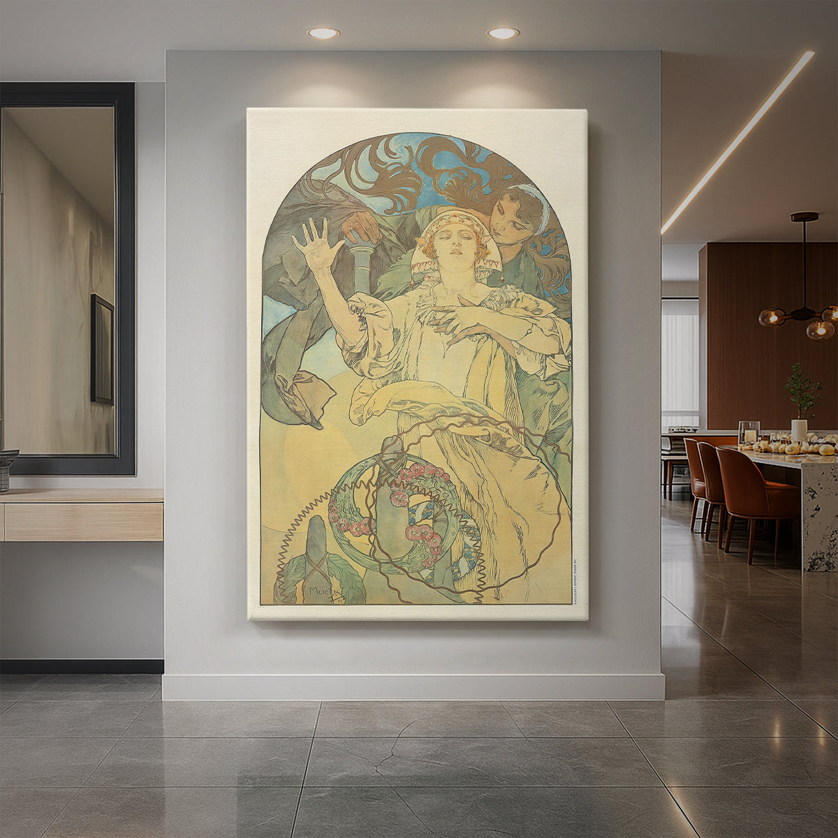 Canvas art print of an Art Nouveau poster of a woman with ornate details and phonofilm advertisement text displayed as a statement piece in a spacious interior.