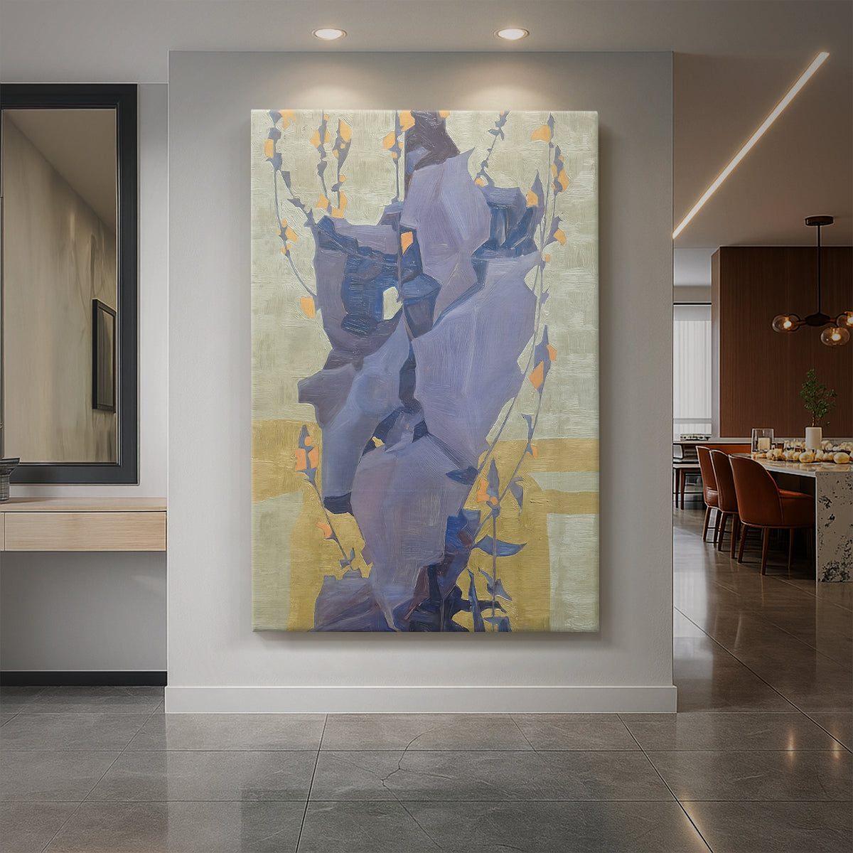 Canvas art print of an expressionist floral composition with bold shapes and patterned backdrop displayed as a statement piece in a spacious interior.