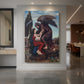 Canvas art print of a symbolic figure with wings standing in a dramatic, shadowed setting displayed as a statement piece in a spacious interior.