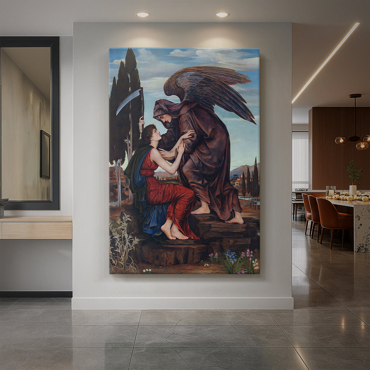 Canvas art print of a symbolic figure with wings standing in a dramatic, shadowed setting displayed as a statement piece in a spacious interior.