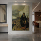 Canvas art print of a historical scene of figures on a small boat in a cold seascape displayed as a statement piece in a spacious interior.