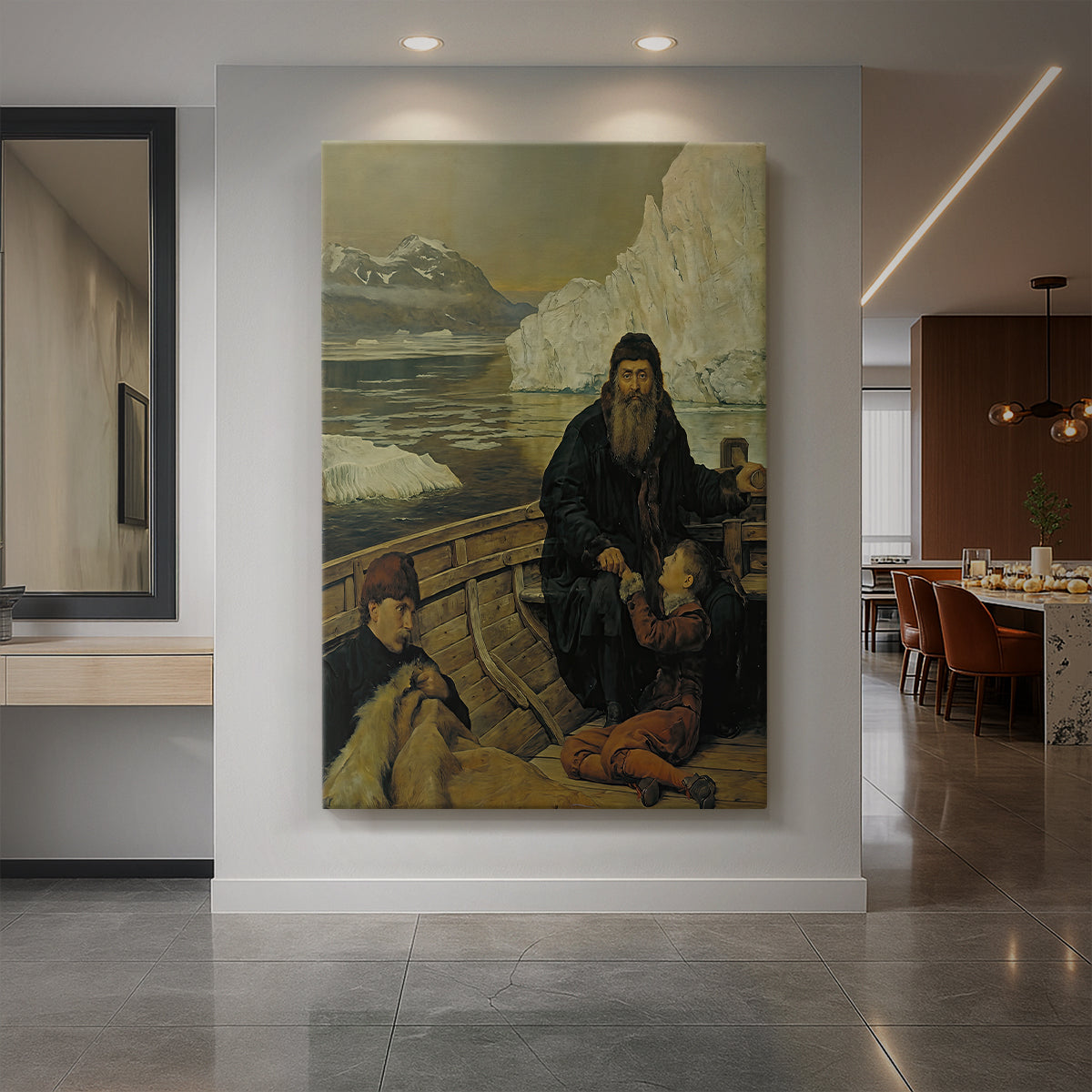Canvas art print of a historical scene of figures on a small boat in a cold seascape displayed as a statement piece in a spacious interior.