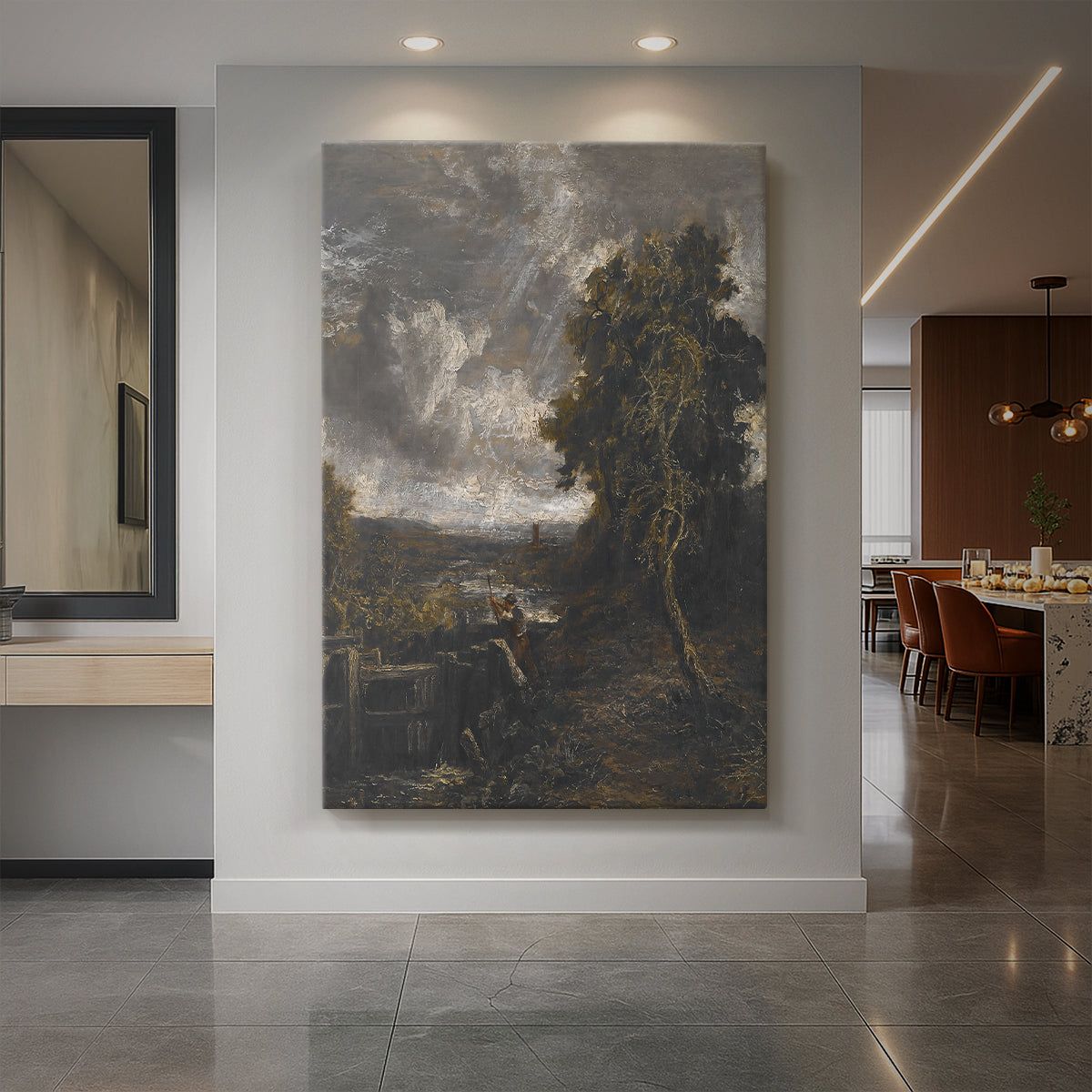Canvas art print of a landscape of a river lock with trees and soft natural light displayed as a statement piece in a spacious interior.
