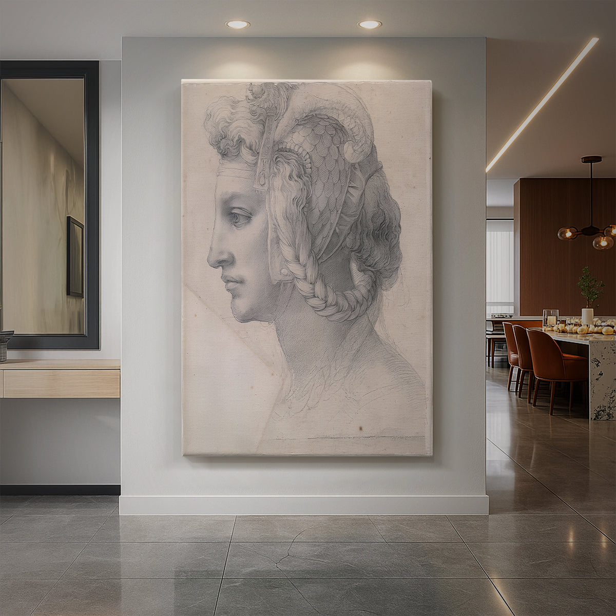 Canvas art print of a Renaissance drawing of a woman's head with soft shading and classical form displayed as a statement piece in a spacious interior.