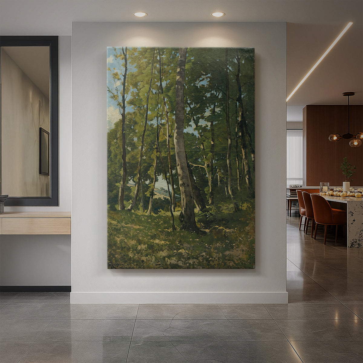 Canvas art print of a realistic landscape of a forest entrance with tall trees and soft light displayed as a statement piece in a spacious interior.
