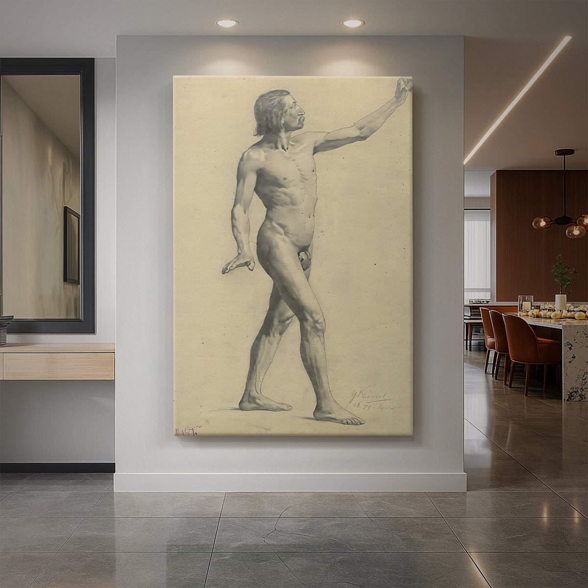 Canvas art print of a figure study of a male body in motion with light sketch lines displayed as a statement piece in a spacious interior.