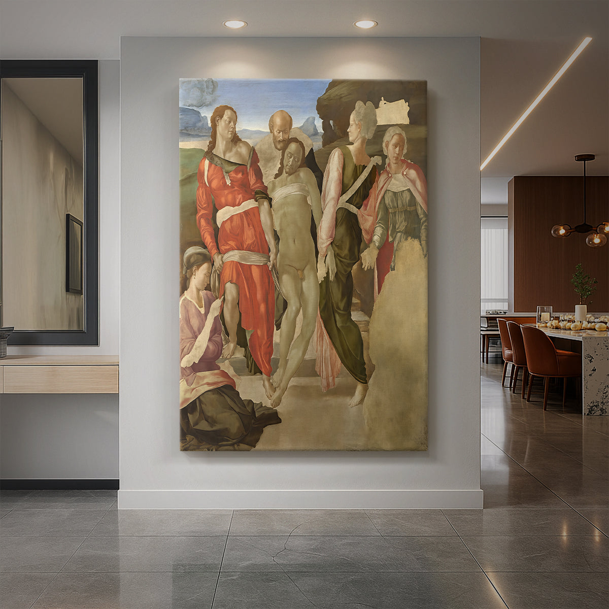 Canvas art print of a Renaissance scene of figures carrying Christ in a structured composition displayed as a statement piece in a spacious interior.