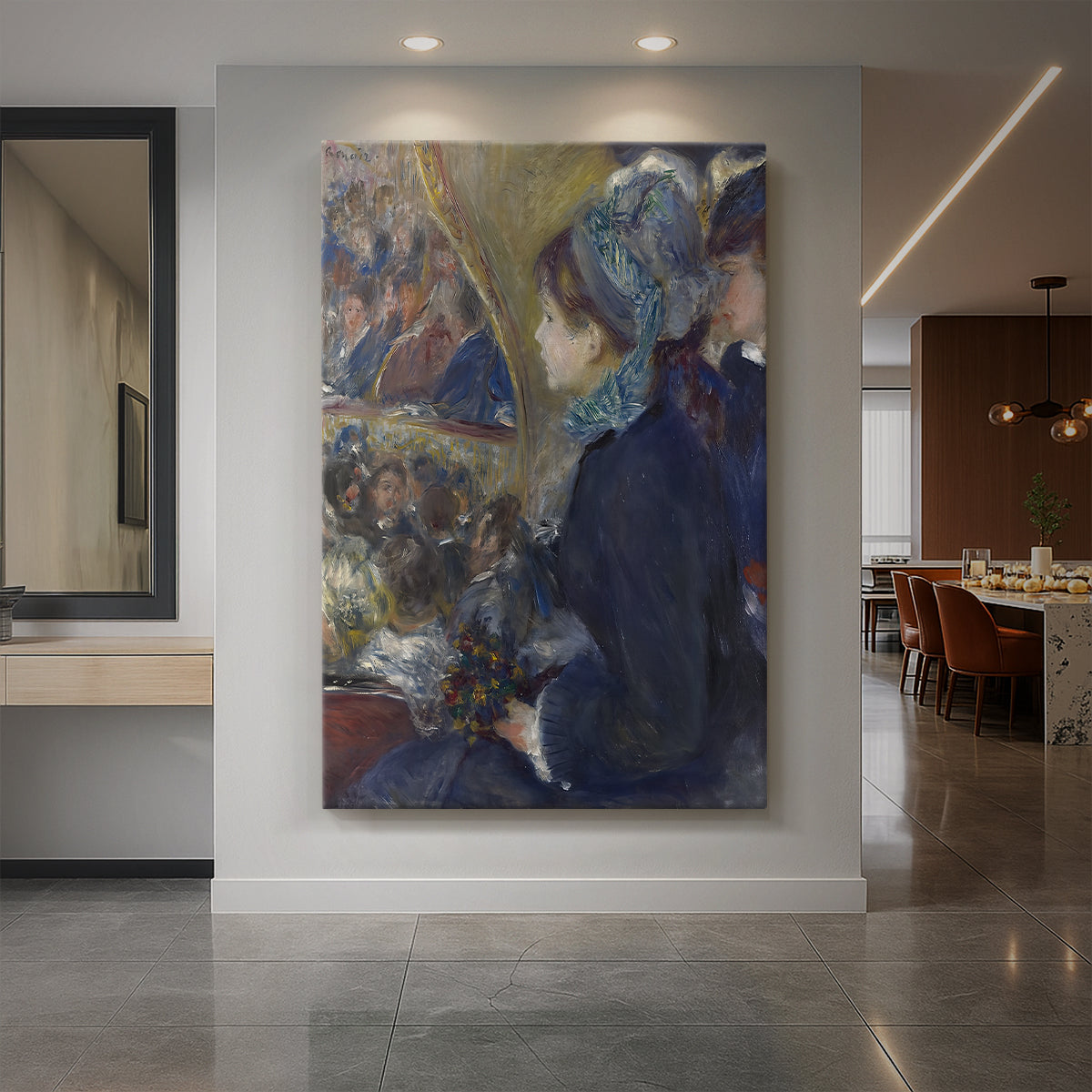 Canvas art print of an impressionist scene of a young woman at the theater with elegant attire displayed as a statement piece in a spacious interior.