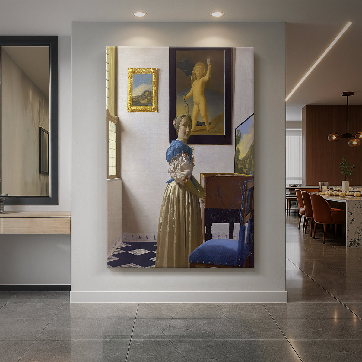Canvas art print of a Baroque interior of a woman standing at a virginal in soft light displayed as a statement piece in a spacious interior.