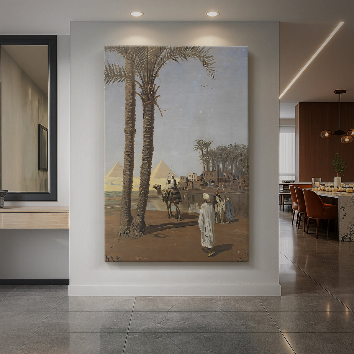 Canvas art print of a realistic scene of figures near the pyramids in a sunlit desert landscape displayed as a statement piece in a spacious interior.