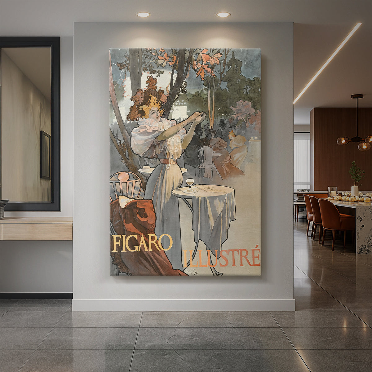 Canvas art print of an Art Nouveau poster of a woman with ornate details and magazine typography displayed as a statement piece in a spacious interior.