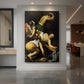 Canvas art print of a Baroque scene of Saint Peter being crucified with dramatic lighting displayed as a statement piece in a spacious interior.