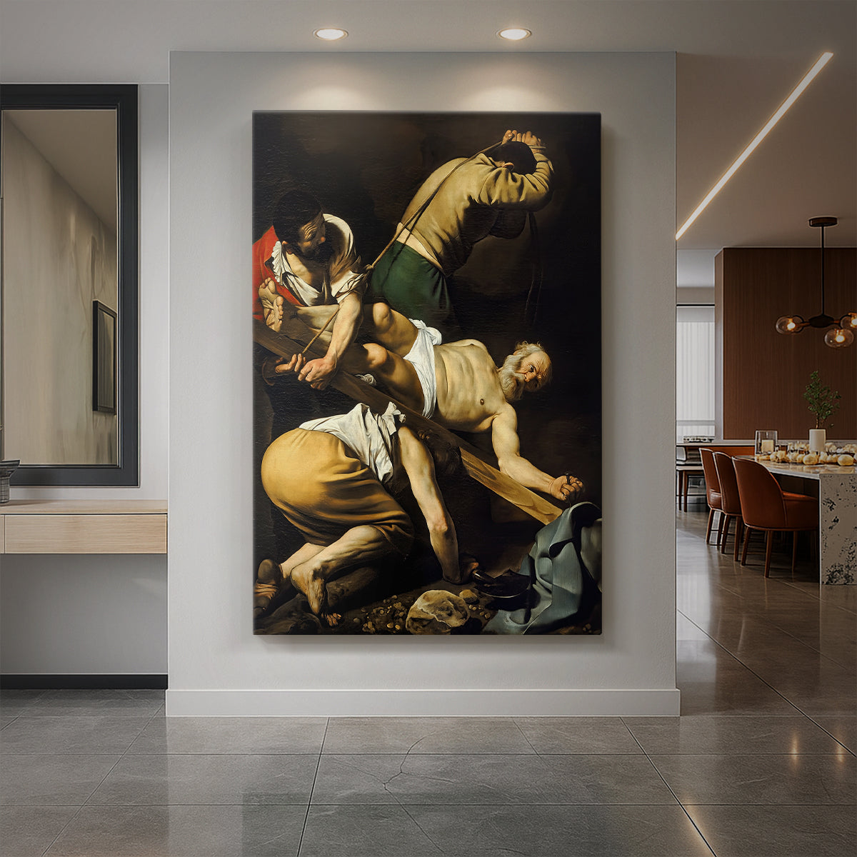 Canvas art print of a Baroque scene of Saint Peter being crucified with dramatic lighting displayed as a statement piece in a spacious interior.