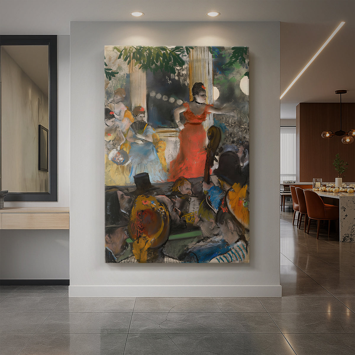 Canvas art print of an impressionist scene of performers and audience in a lively café setting displayed as a statement piece in a spacious interior.