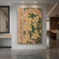 Canvas art print of an Art Nouveau cover design with ornate floral motifs and photography publication text displayed as a statement piece in a spacious interior.
