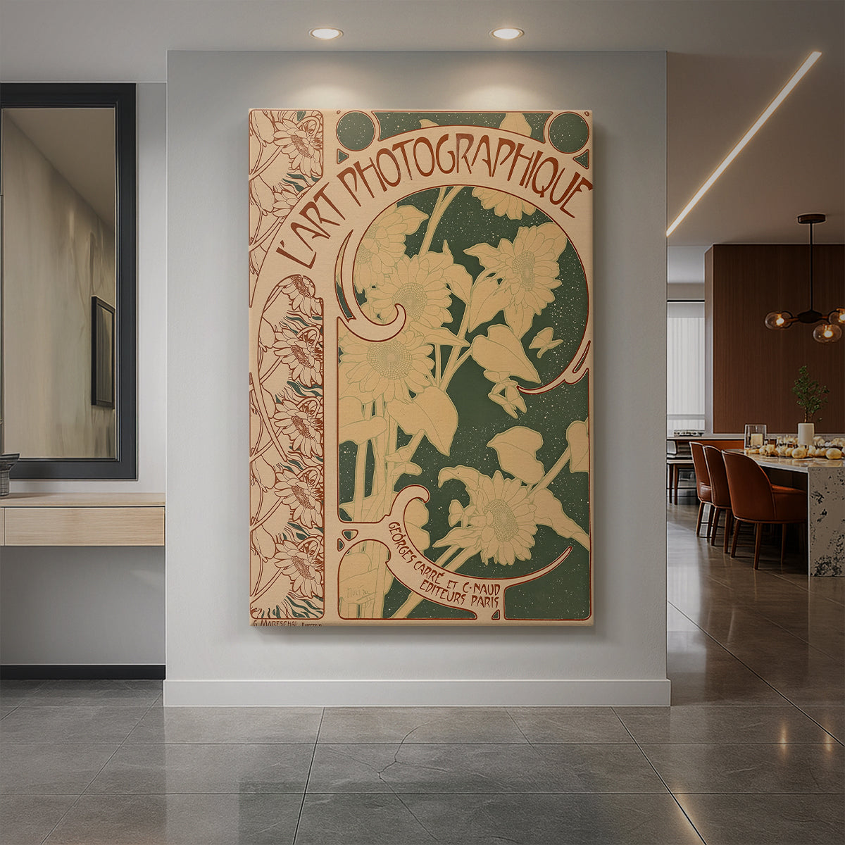 Canvas art print of an Art Nouveau cover design with ornate floral motifs and photography publication text displayed as a statement piece in a spacious interior.