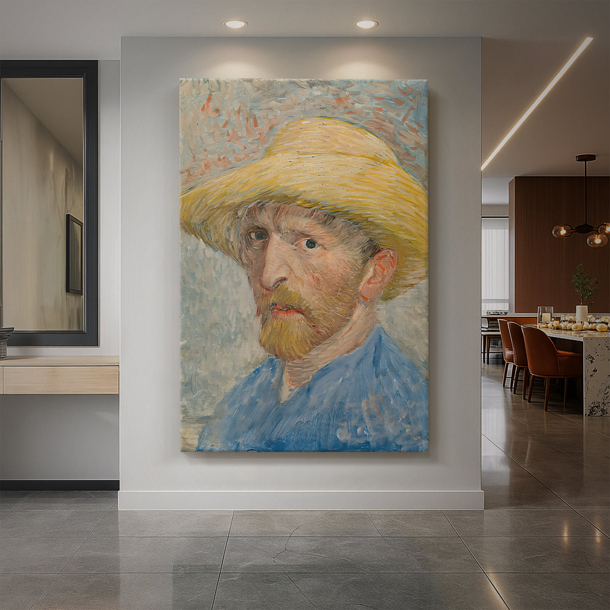 Canvas art print of an expressive self-portrait of the artist wearing a straw hat with textured brushwork displayed as a statement piece in a spacious interior.