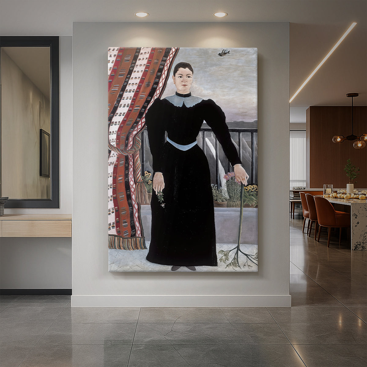 Canvas art print of a naïve-style portrait of a woman in dark attire against a simple background displayed as a statement piece in a spacious interior.