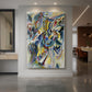 Canvas art print of an abstract composition with sharp lines and expressive color forms displayed as a statement piece in a spacious interior.